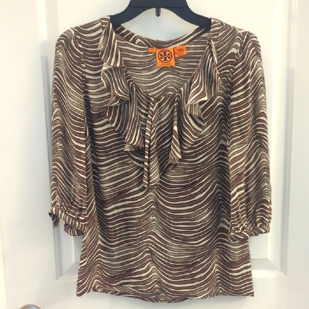 Tory Burch Zebra Stripe Brown Silk Blouse With Ruffle At The Collar